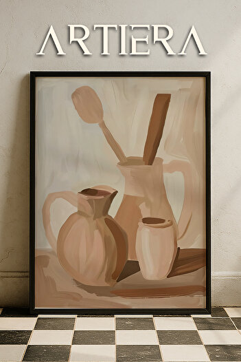 Artiera Minimalist Still Life Kitchen Decoration in Beige and Brown Tones Wooden Framed Wall Painting