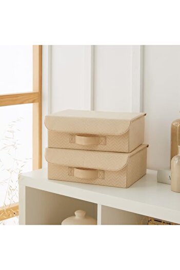 Mena Rise Home Textile Set of 2 Beige Herringbone Covered Boxes 30 X 23 X 11 cm