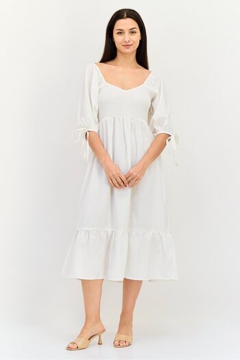 Brave Soul Women Ruched Tiered Dress, Off White