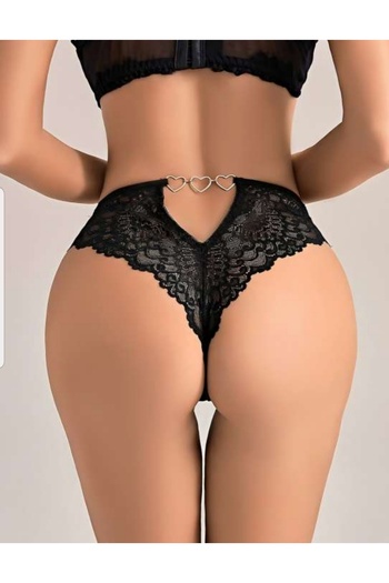 ma journee Black Lace Embroidered Fancy String Thong with Heart Detail on the Back