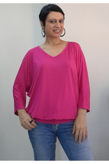 Mertcan Butik Pink V-Neck Batwing Three-Quarter Sleeve Skirt Cuffed Combed Viscose T-Shirt
