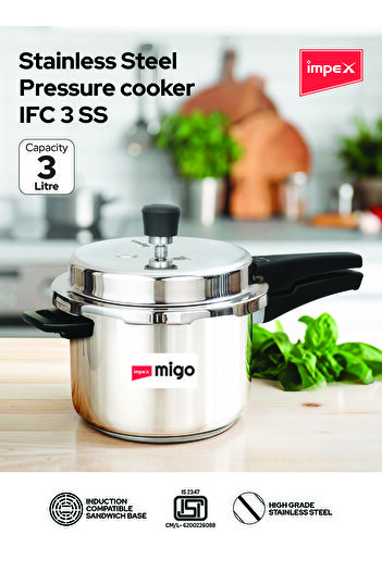 İMPEX IFC 3SS Pressure Cooker 3L | Stainless Steel | Outer Lid | Works on Gas & Induction Cooktops