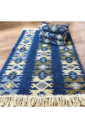 OEM Set of 4 Traditional Woven Rugs, Double-Sided, 60x200 cm, Blue, Rustic Model