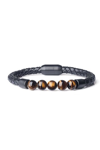 General Store Men's Bracelet SA&SO General Store® with Tiger Eye Stones and Magnetic Closure, Braided Lea