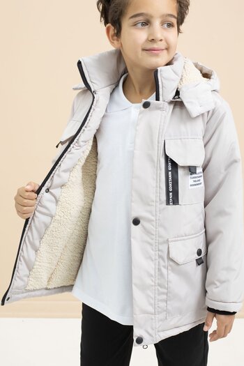 Cansın Mini Cream Text Detailed Boys' Hooded Coat with Chest Pocket and Fur Inside 21478