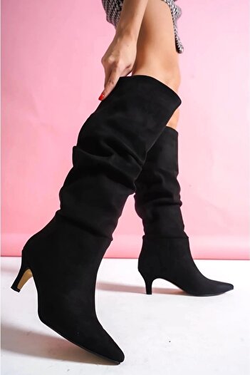 meSga butik Zelya Black Suede Heeled Boots