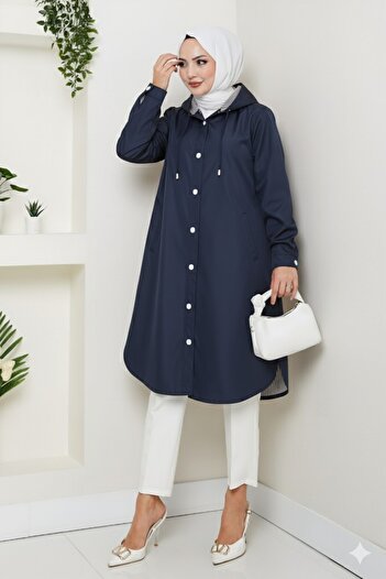 Modamorfo Lined Striped Side Pocket Hooded Trench Coat - Navy