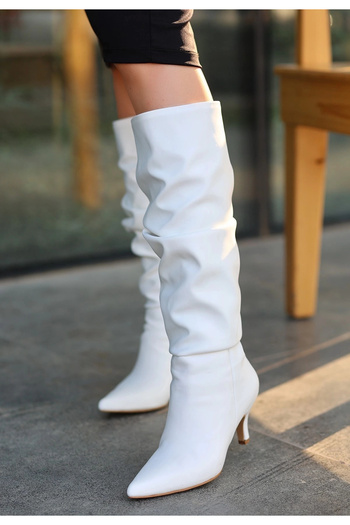meSga butik Zelya White Leather Heeled Boots
