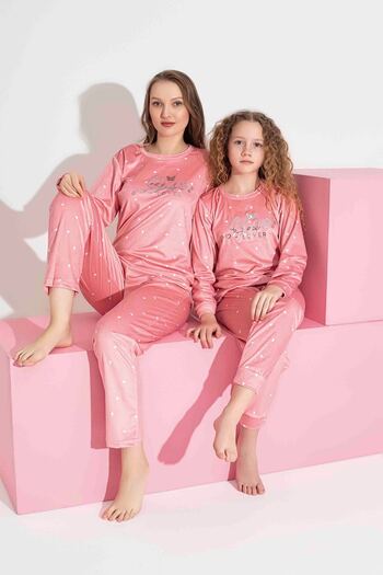 Tarık Women's 100% Cotton French Velvet Pink Heart Pattern Long Sleeve Crew Neck Pajama Set
