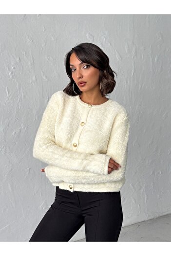 BEJNA Women's Ecru Towel Woven Buttoned Knit Cardigan