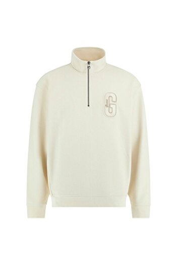 Guess Men's Stand Collar Zippered Appliqued Sweatshirt - Cream