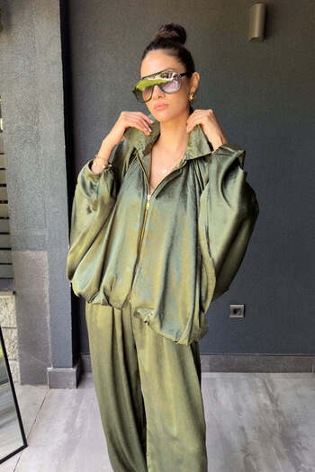 FABB Khaki Satin Bomber Jacket Baggy Pants Set