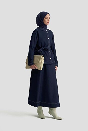 Armine TREND Armine Trend Belted Skirt Suit with Snap Fasteners and Biscuit Collar, Indigo