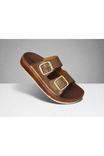Polero Women's Poly Sole Double Buckle Stone Detail Orthopedic Comfortable Slippers