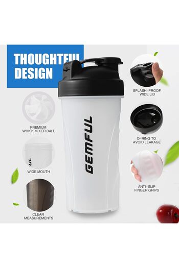 GEMFUL Shaker Bottle for Protein Mixes BPA-Free Leak Proof Smoothies Mixer Water Cups 750 ML 2 Pack