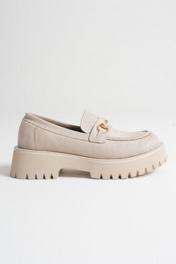 EMOYRA Lara Buckle Detailed Beige Suede Casual Loafer Shoes