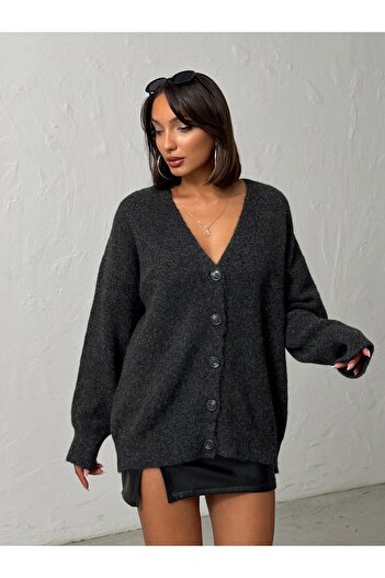 BEJNA Women's Black Off Shoulder V Neck Buttoned Soft Knitwear Cardigan
