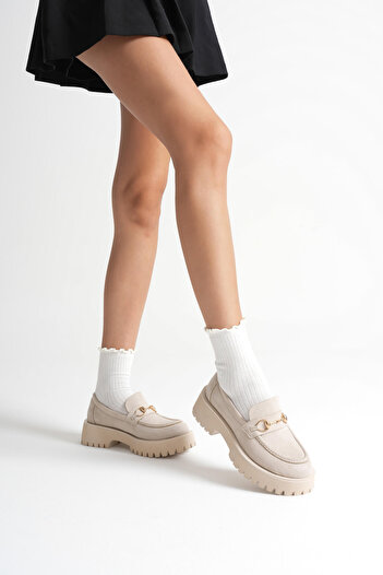 EMOYRA Lara Buckle Detailed Beige Suede Casual Loafer Shoes