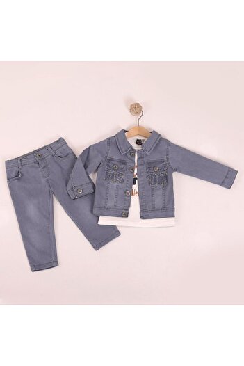 GİRL EMELY Boys' Embroidered Jeans 3-Piece Denim Set