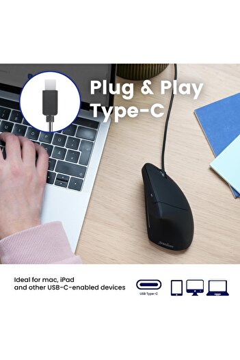 Perixx PERIMICE-513C Wired Vertical USB-C Mouse, 6 Buttons, Adjustable 1000/1600 DPI, Right-Handed,