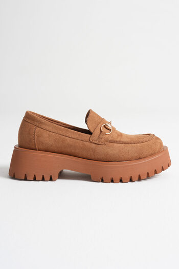 EMOYRA Lara Buckle Detailed Tan Suede Casual Loafer Shoes