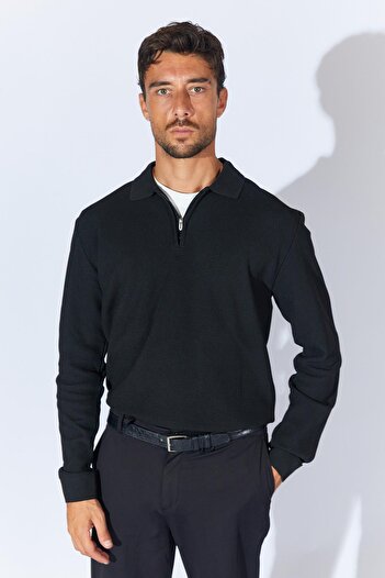 TENA Men's Black Footed Collar Zippered Pique Knit Basic Knitwear
