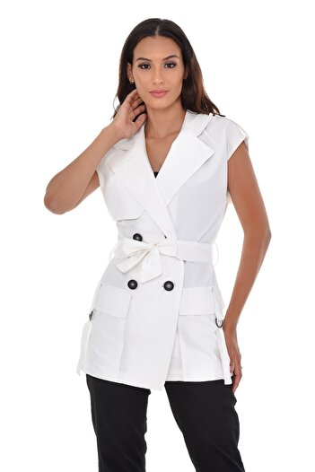 DISENTIS MODEST Mono Collar Windbreaker Flap Pocket Epaulets Self Belted Double Breasted White Vest