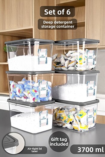 Meleni Home 6-Pack Detergent Storage Box with Labels - Transparent Deep Bathroom Tablet Powder Detergent Box 3.7 Liters