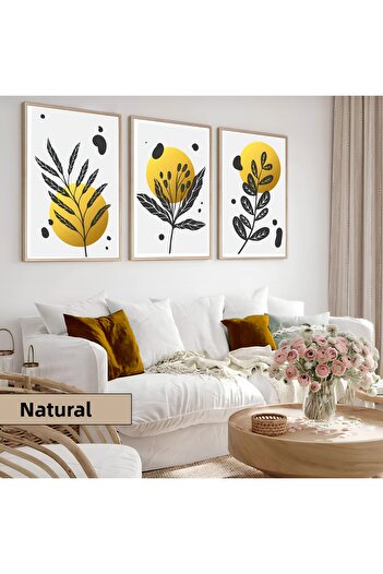 Harikabirev Children's Room Living Room-Minimalist Modern Bohemian Yellow-Black Leaf | Wooden Framed 3-Piece Mdf Ahmdf