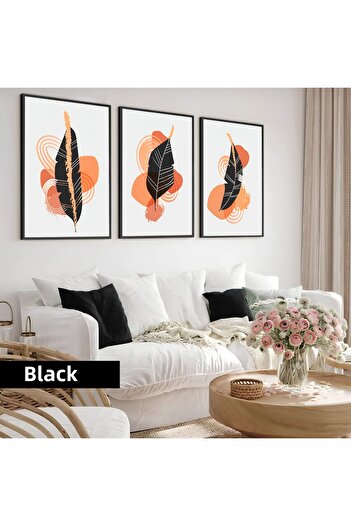 Harikabirev Children's Room Living Room-Minimalist Modern Bohemian Leaves X3 | Wooden Framed 3-Piece Mdf Ahmdf