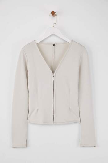 Trendyol Collection Stone Soft Touch V-Neck Zipper Regular/Regular Cut Knitted Blouse Twoaw26Bz00180