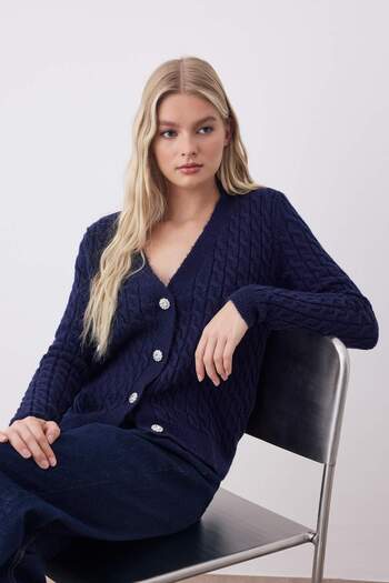 Trendyol Collection Navy Blue Button Detailed Soft Textured V-Neck Hair Knit Knitwear Cardigan Twoaw26Hi00014
