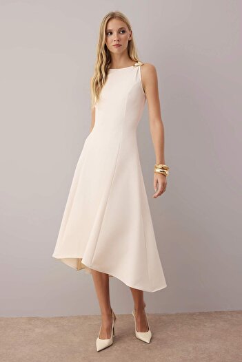 Trendyol Collection Stone Plain Accessory Detail Midi Woven Dress Twoaw26El00116