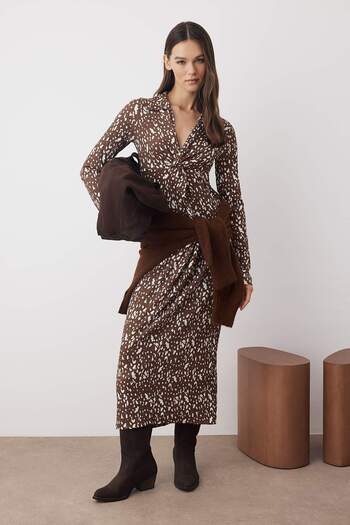 Trendyol Collection Brown Printed Gathered / Drape Maxi Knitted Dress Twoaw26El00194