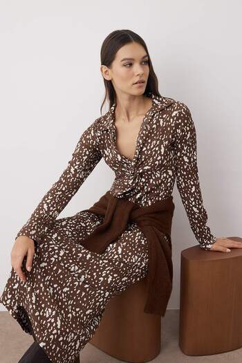 Trendyol Collection Brown Printed Gathered / Drape Maxi Knitted Dress Twoaw26El00194
