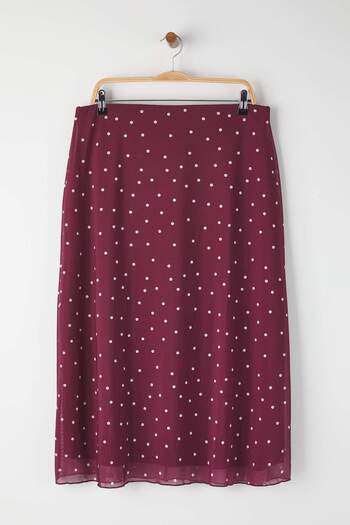 Trendyol Curve Burgundy A- Line Polka Dot Pattern Tulle Knitted Plus Size Skirt Tbbaw25Az00006