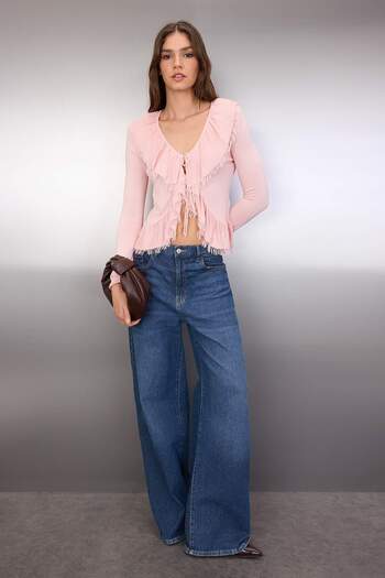 Trendyol Collection Powder Special Yarn Ruffle Detailed Knitwear Cardigan Twoaw26Hi00222