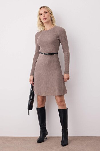 Trendyol Collection Vizon A-line Mini Triko Kemerli Elbise TWOAW26EL00055
