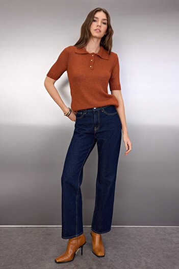 Trendyol Collection Cinnamon Brummer Yarn Polo Collar Knitwear Thin Blouse Twoss25Bz00341