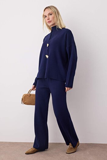 Trendyol Collection Navy Blue Accessory Detailed 3-Piece Cardigan-Blouse-Pants Knitwear Set Twoaw26Au00049