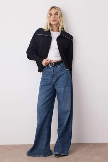 Trendyol Collection Rozepínací límec Černý pletený svetřík - Wide Fit, zip Twoaw24Hi00072