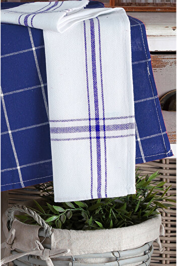 LADYNİL Set of 4 Kitchen Towels & German Napkin 50x70 Cm 100% Cotton And Washed Large Checkered Blue