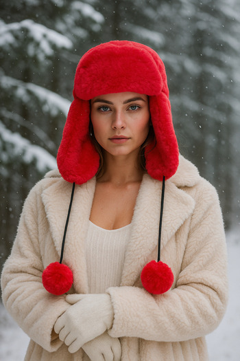 Luminos Butik Women's Red Pompom Fur Headphones Plush Hat Beanie Beanie1103