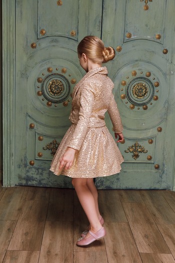 By Feyza Kids Collection By Feyza Girl's Gold Sequined 3-Piece Suit Jacket Skirt Blouse Combination Party New Year's Dress 5-12 Years