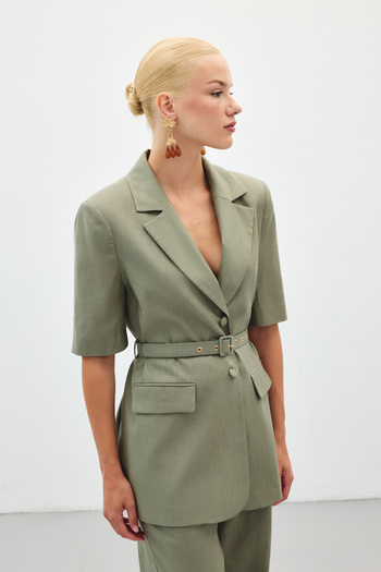 Sateen Short Sleeve Belted Jacket - Khaki