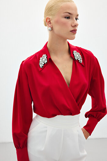 Sateen Bodysuit Blouse with Accessory Detail - Red
