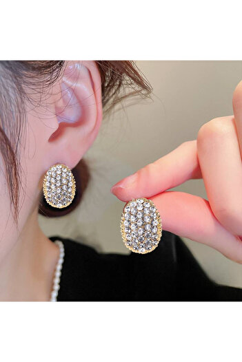 Goche Bijuteri New Women's Ellipse Shaped Zircon Stone Evening Dress Earrings Model