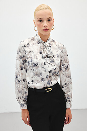 Sateen Printed Shirt with Scarf - Gray