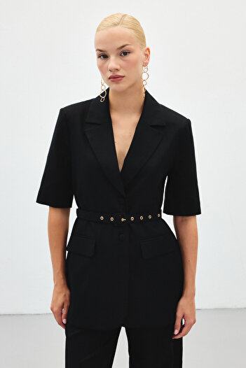 Sateen Short Sleeve Belted Jacket - Black