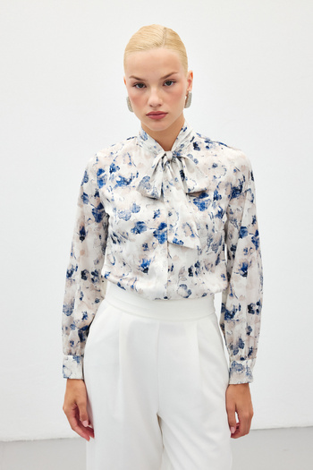 Sateen Printed Shirt with Scarf - Navy Blue